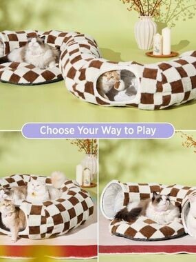 BEDSURE Plush Checkered Cat Tunnel & Bed 🏁🤎🐾🐈